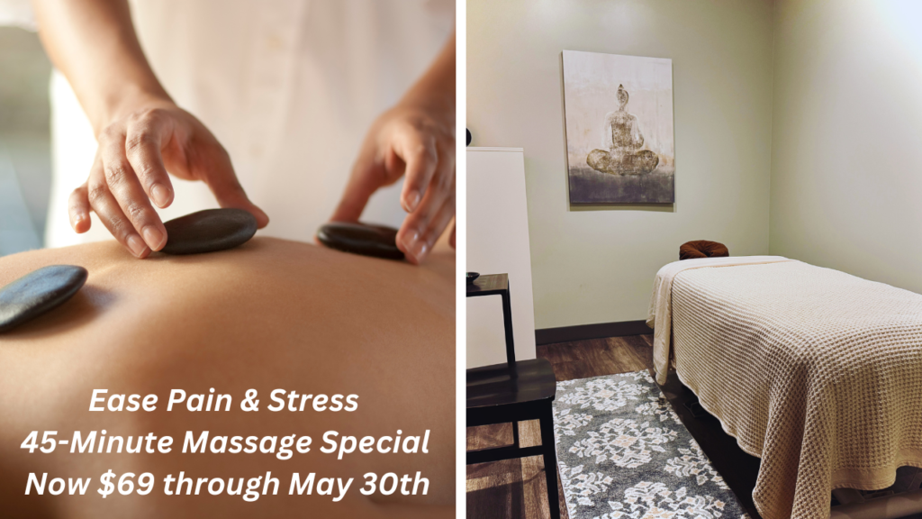 Massage therapist placing hot stones on back and peaceful massage room at Wellspring Health Center in Eden Prairie, MN